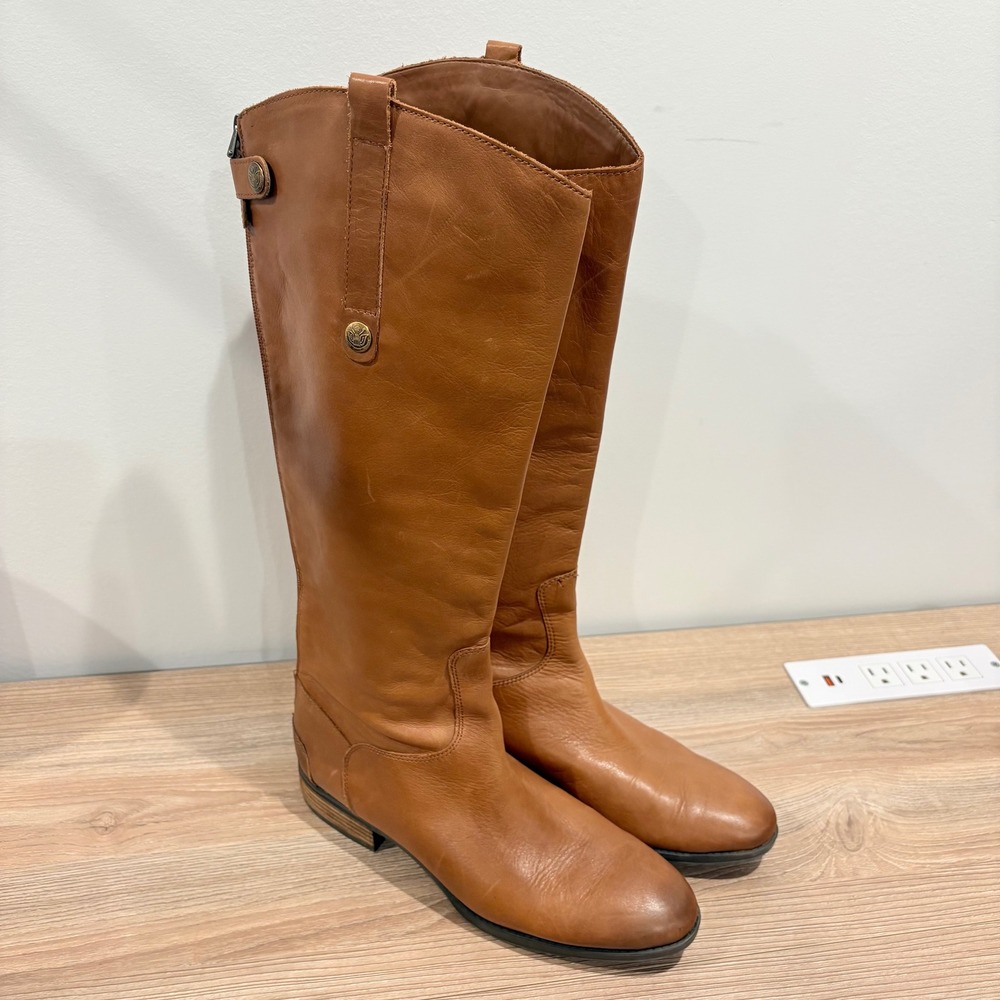 Sam Edelman Penny Riding Boots Women Cognac Size 10M Leather Back Zip Knee High